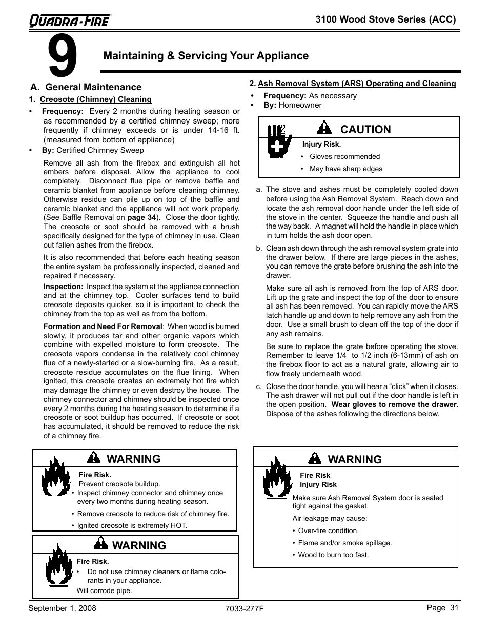 Maintaining & servicing your appliance, Warning, Caution | Hearth and Home Technologies 31ST-ACC User Manual | Page 31 / 48