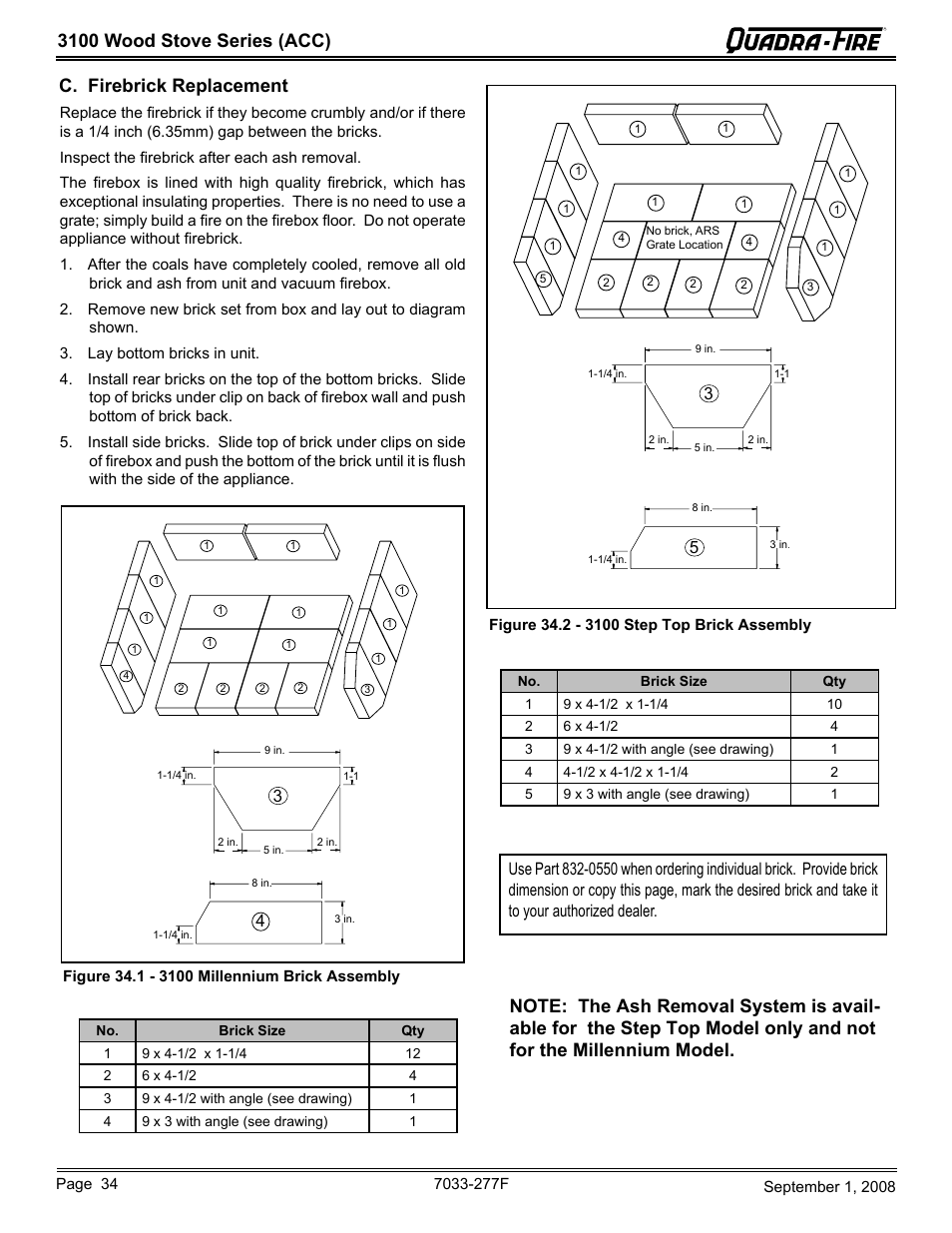 3100 wood stove series (acc), C. firebrick replacement | Hearth and Home Technologies 31ST-ACC User Manual | Page 34 / 48