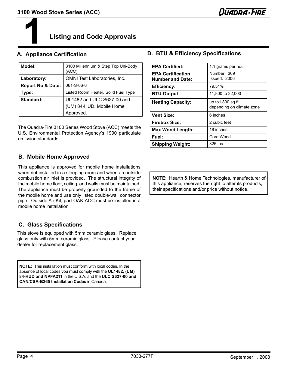 Listing and code approvals | Hearth and Home Technologies 31ST-ACC User Manual | Page 4 / 48