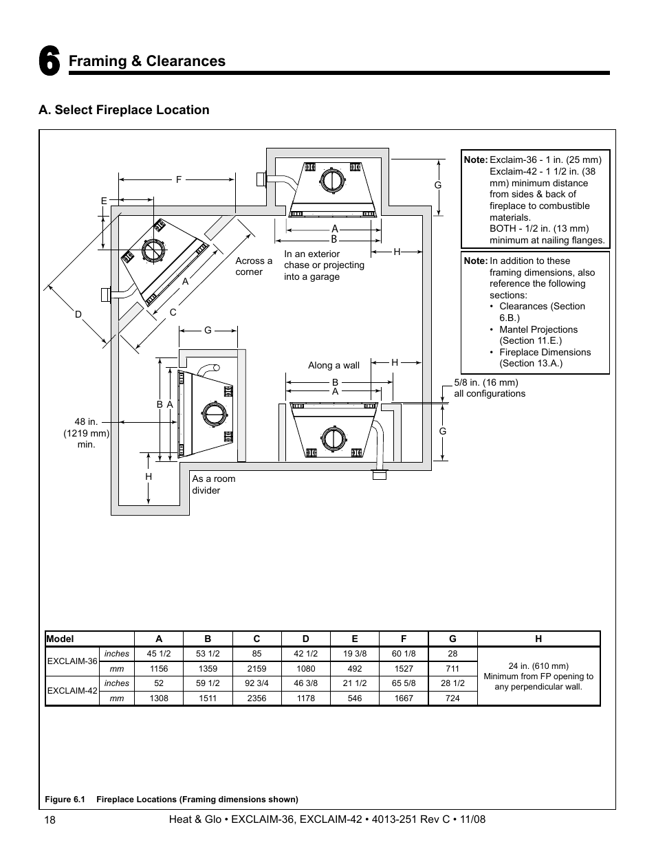 Framing & clearances, A. select fireplace location | Hearth and Home Technologies EXCLAIM-36 User Manual | Page 18 / 56