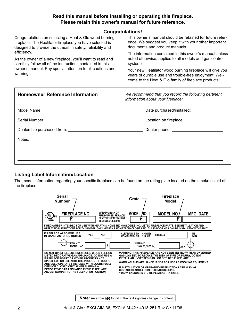 Listing label information/location, Fireplace no. model no. model no. mfg. date | Hearth and Home Technologies EXCLAIM-36 User Manual | Page 2 / 56