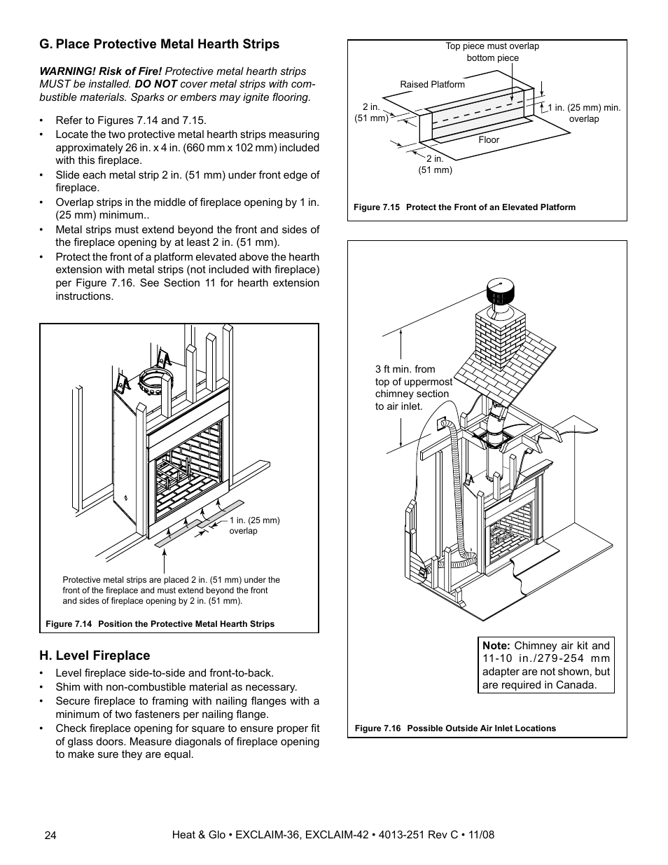 G. place protective metal hearth strips, H. level fireplace | Hearth and Home Technologies EXCLAIM-36 User Manual | Page 24 / 56