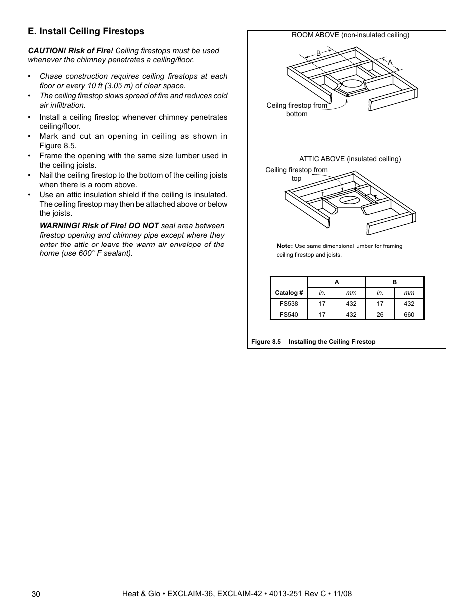 E. install ceiling firestops | Hearth and Home Technologies EXCLAIM-36 User Manual | Page 30 / 56
