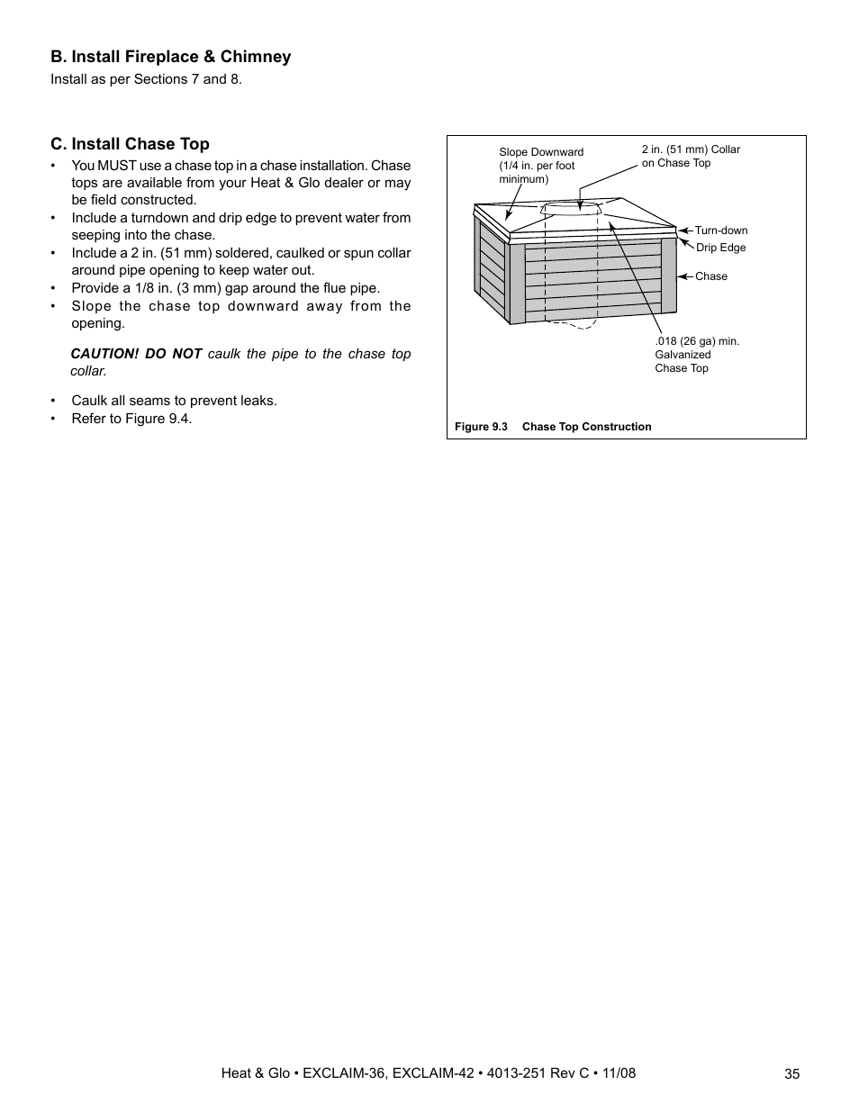 B. install fireplace & chimney, C. install chase top | Hearth and Home Technologies EXCLAIM-36 User Manual | Page 35 / 56