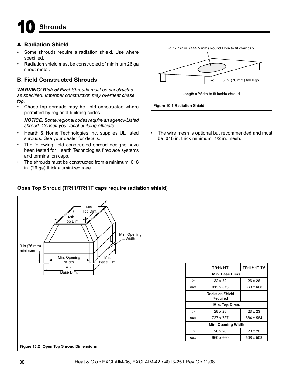 Shrouds, A. radiation shield, B. field constructed shrouds | Hearth and Home Technologies EXCLAIM-36 User Manual | Page 38 / 56