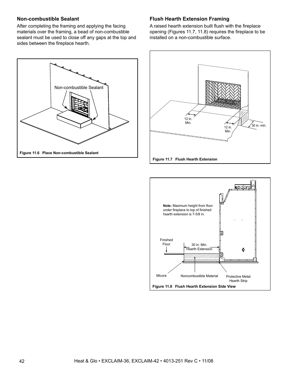Non-combustible sealant, Flush hearth extension framing | Hearth and Home Technologies EXCLAIM-36 User Manual | Page 42 / 56