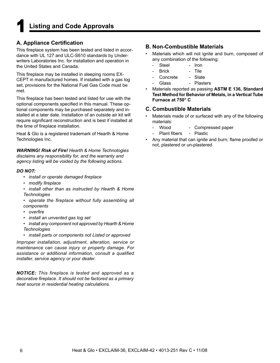 Listing and code approvals | Hearth and Home Technologies EXCLAIM-36 User Manual | Page 6 / 56