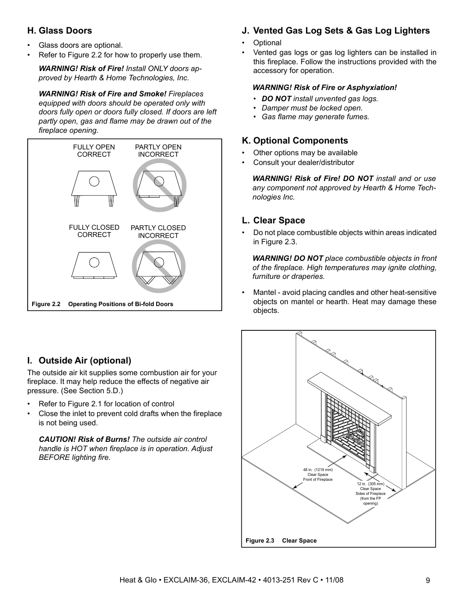 I. outside air (optional), H. glass doors, J. vented gas log sets & gas log lighters | K. optional components, L. clear space | Hearth and Home Technologies EXCLAIM-36 User Manual | Page 9 / 56