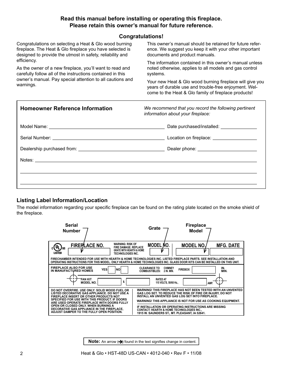 Listing label information/location, Fireplace no. model no. model no. mfg. date | Hearth and Home Technologies HST-48D User Manual | Page 2 / 48