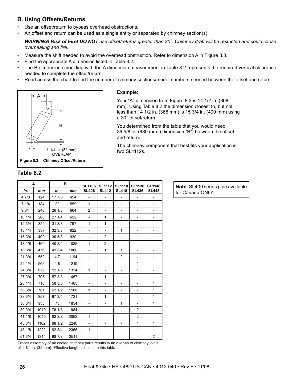 Table 8.2 b. using offsets/returns | Hearth and Home Technologies HST-48D User Manual | Page 26 / 48