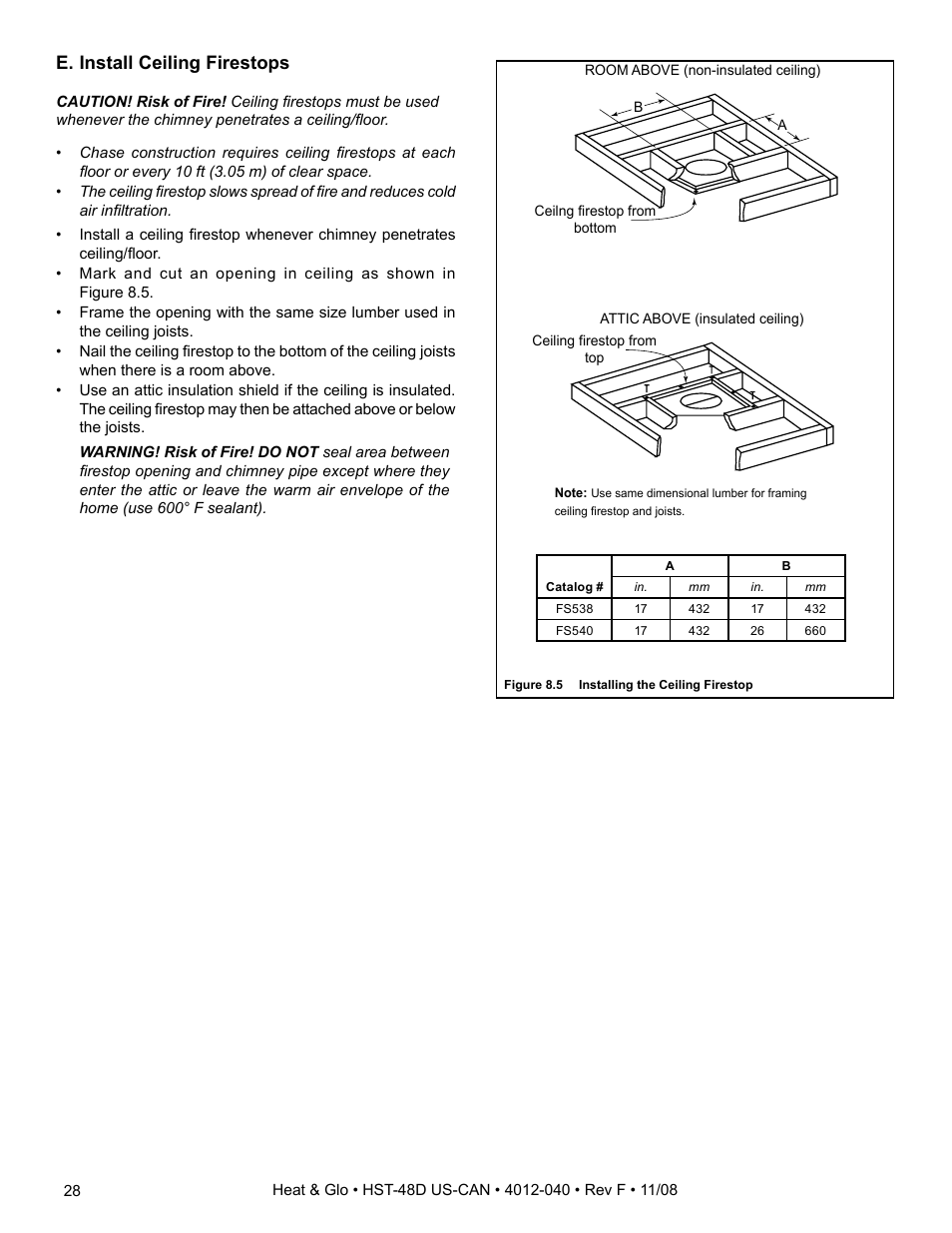 E. install ceiling firestops | Hearth and Home Technologies HST-48D User Manual | Page 28 / 48