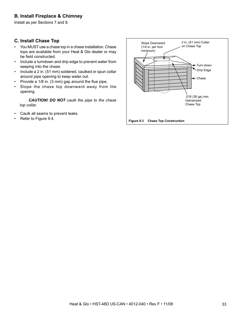 B. install fireplace & chimney, C. install chase top | Hearth and Home Technologies HST-48D User Manual | Page 33 / 48