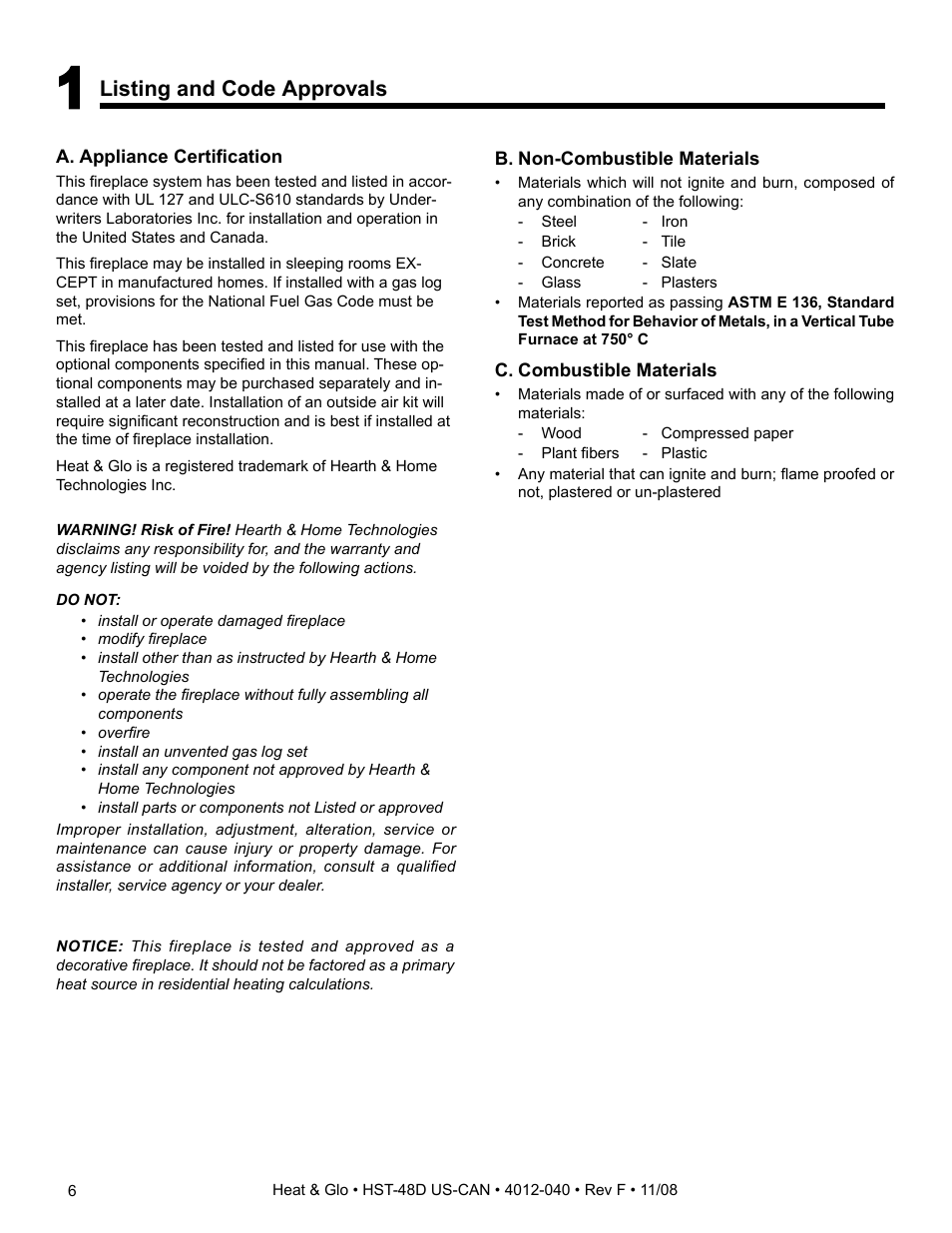 Listing and code approvals | Hearth and Home Technologies HST-48D User Manual | Page 6 / 48