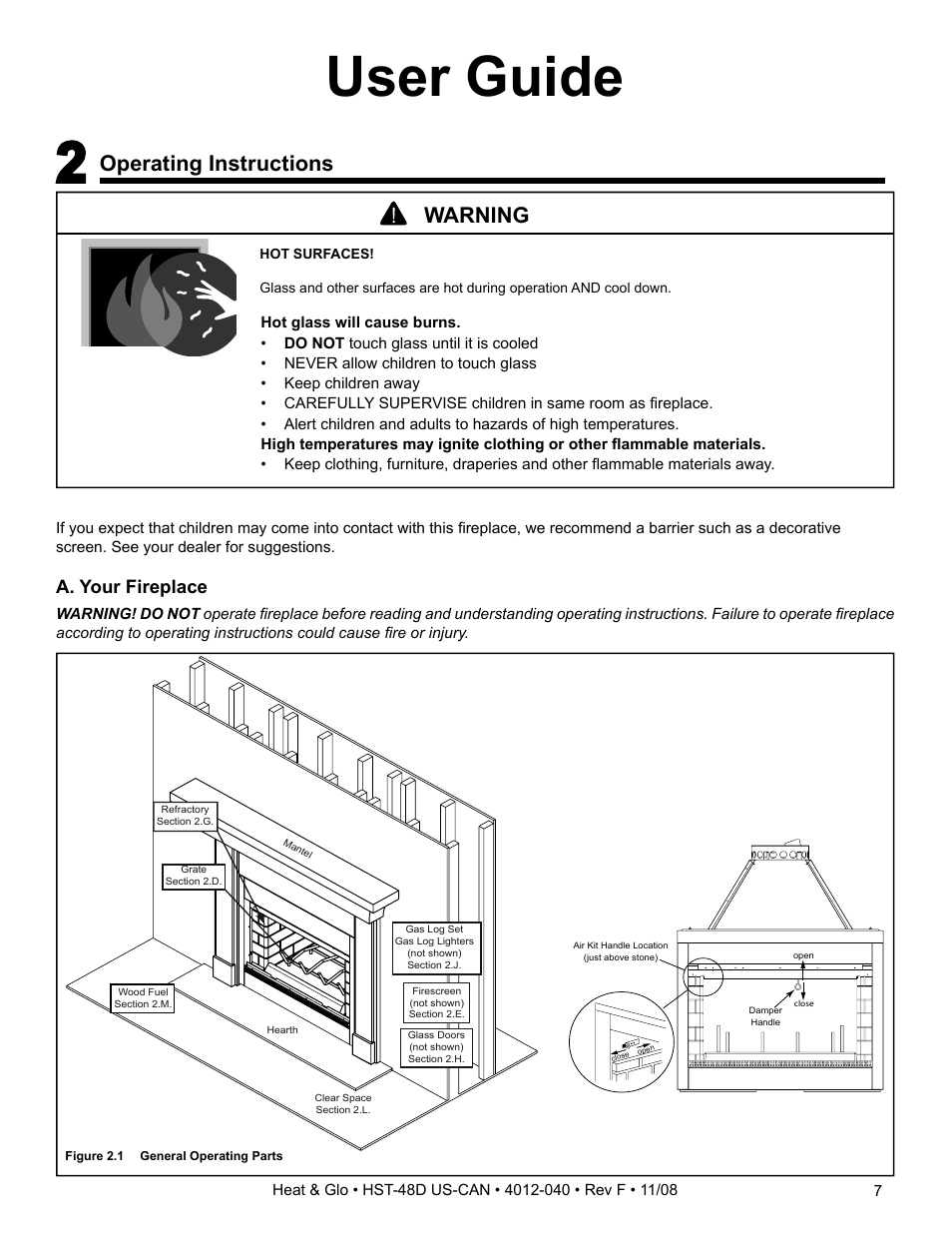 User guide, Operating instructions, Warning | A. your fireplace | Hearth and Home Technologies HST-48D User Manual | Page 7 / 48