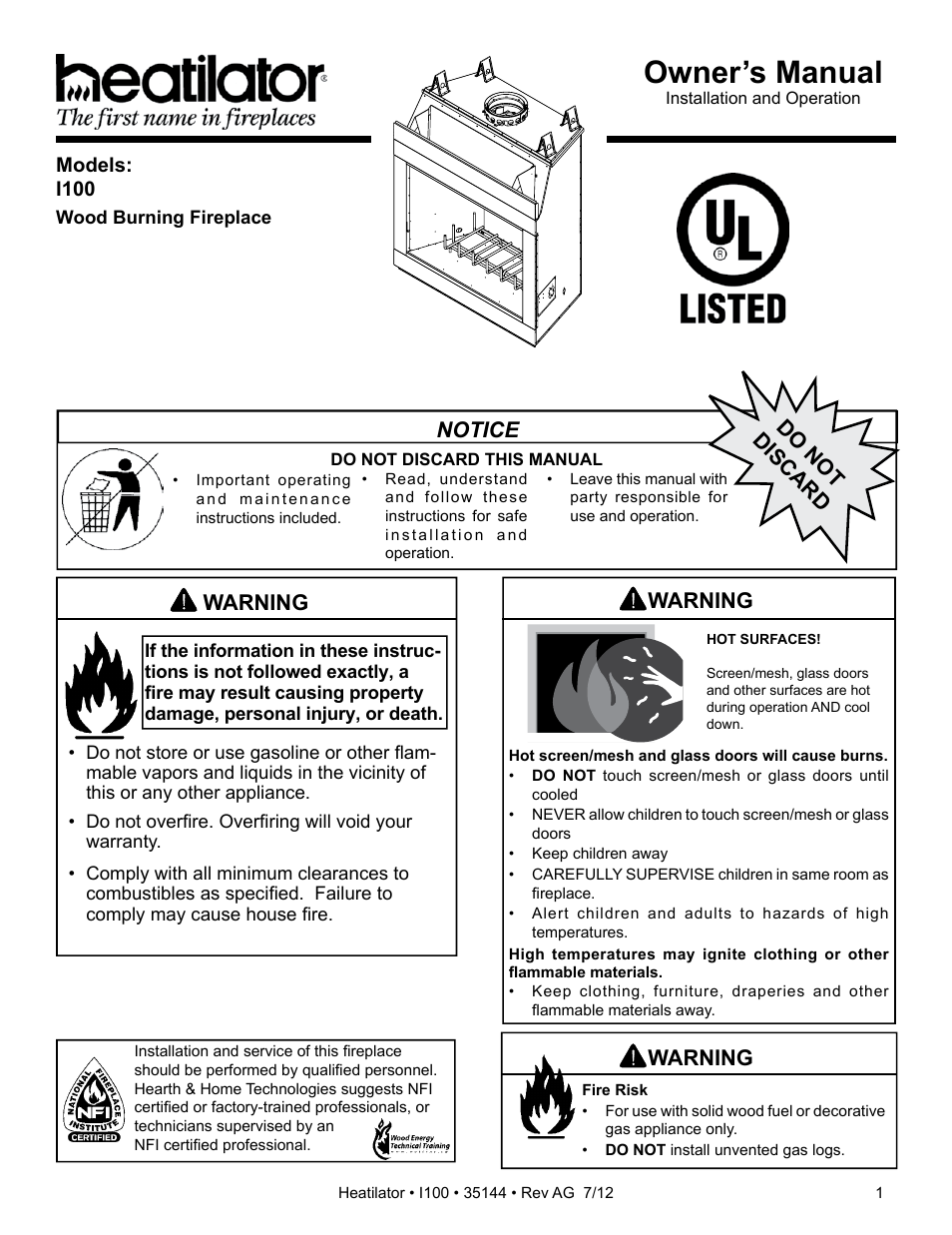 Hearth and Home Technologies I100 User Manual | 52 pages