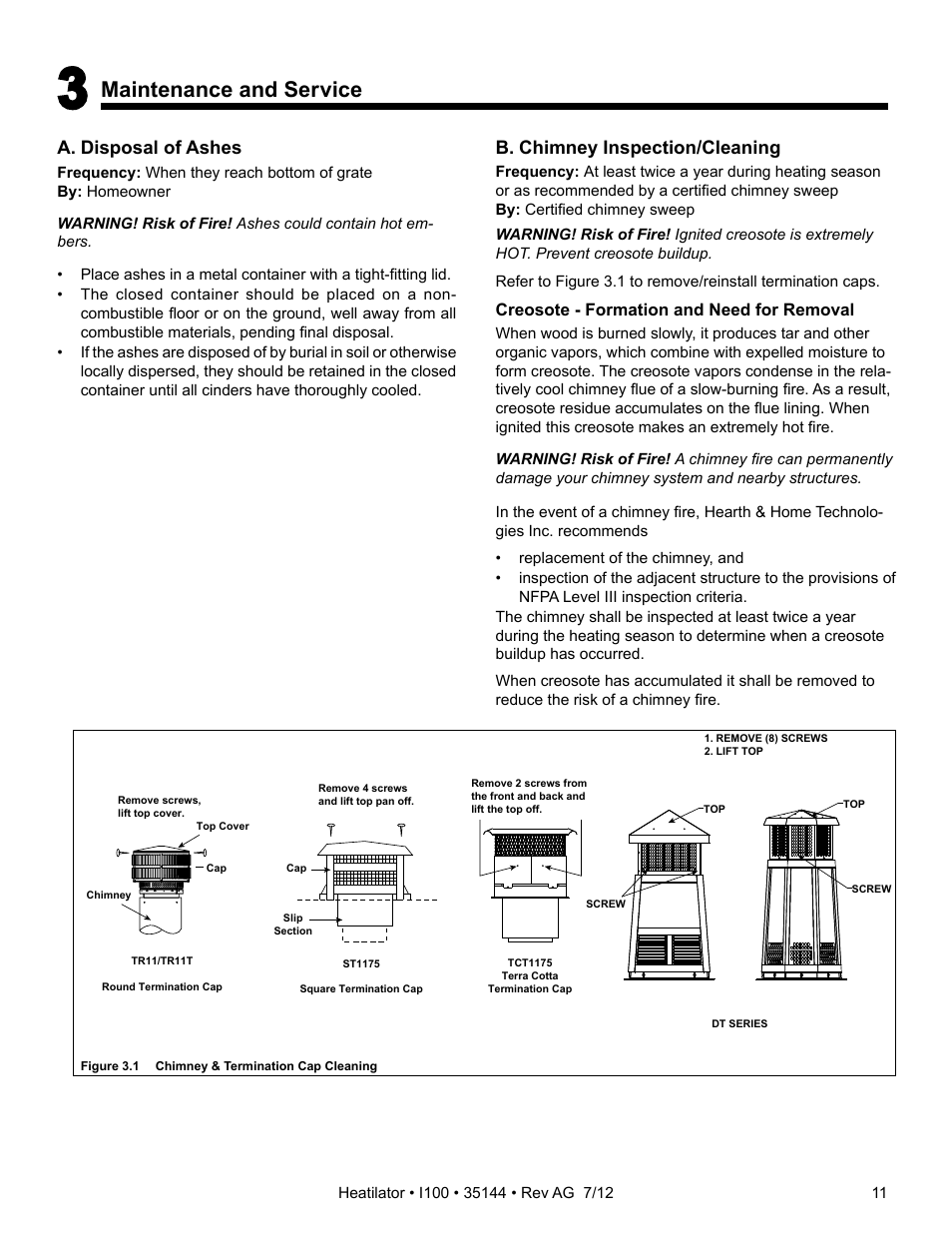 Maintenance and service, A. disposal of ashes, B. chimney inspection/cleaning | Hearth and Home Technologies I100 User Manual | Page 11 / 52