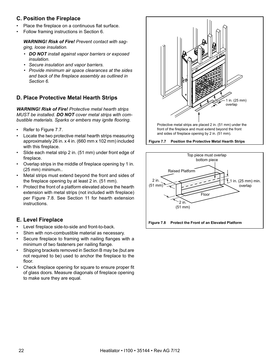 C. position the fireplace, D. place protective metal hearth strips, E. level fireplace | Hearth and Home Technologies I100 User Manual | Page 22 / 52