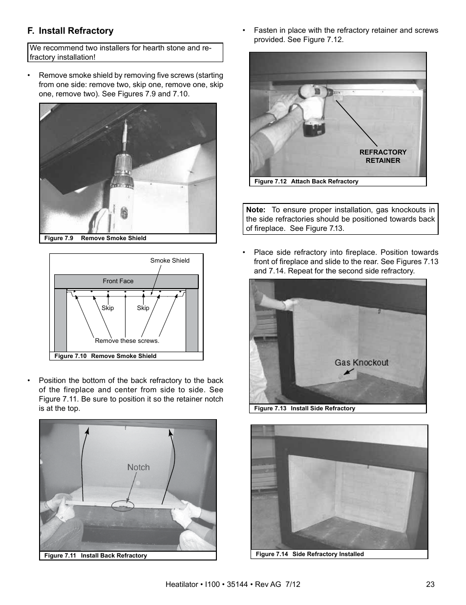 F. install refractory | Hearth and Home Technologies I100 User Manual | Page 23 / 52