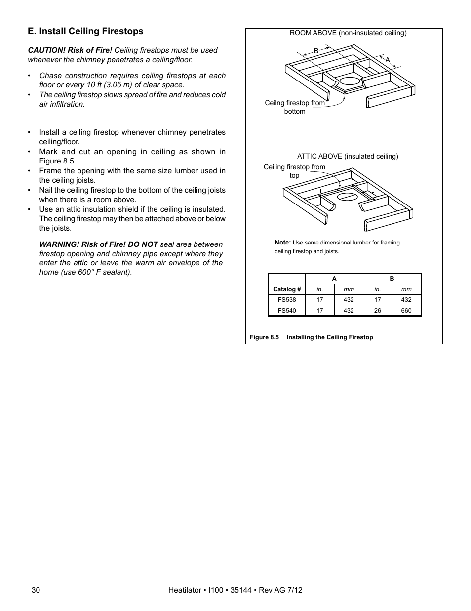 E. install ceiling firestops | Hearth and Home Technologies I100 User Manual | Page 30 / 52