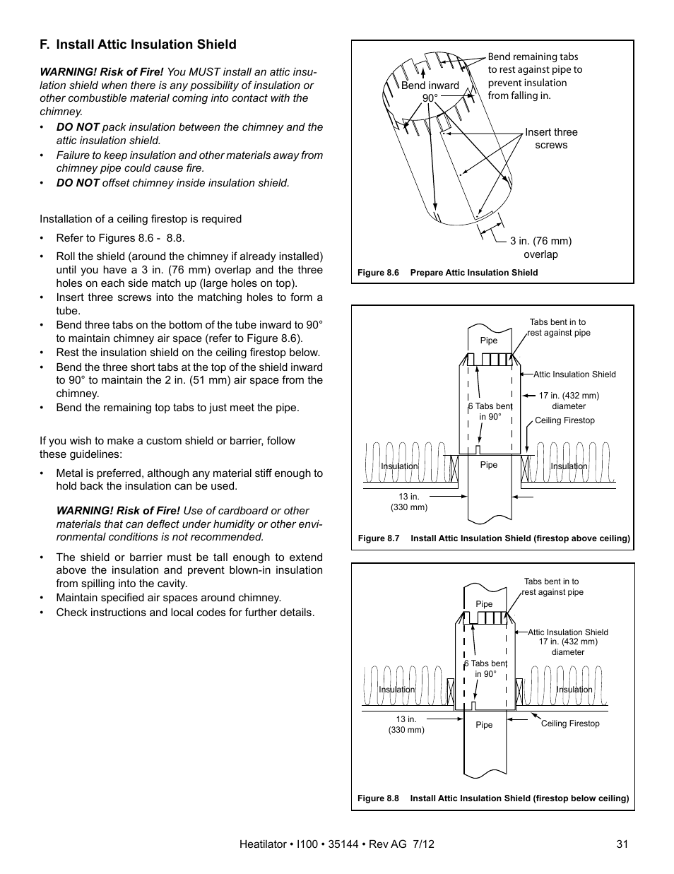 F. install attic insulation shield | Hearth and Home Technologies I100 User Manual | Page 31 / 52