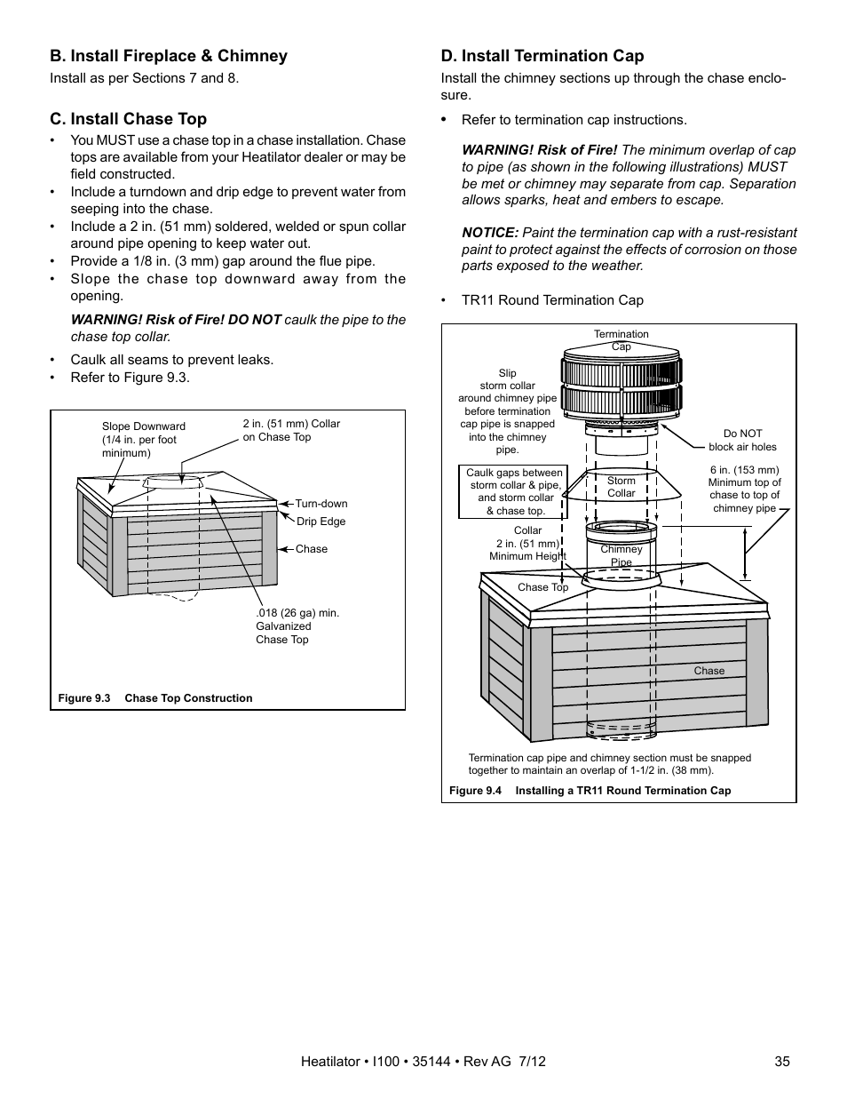 B. install fireplace & chimney, D. install termination cap, C. install chase top | Hearth and Home Technologies I100 User Manual | Page 35 / 52