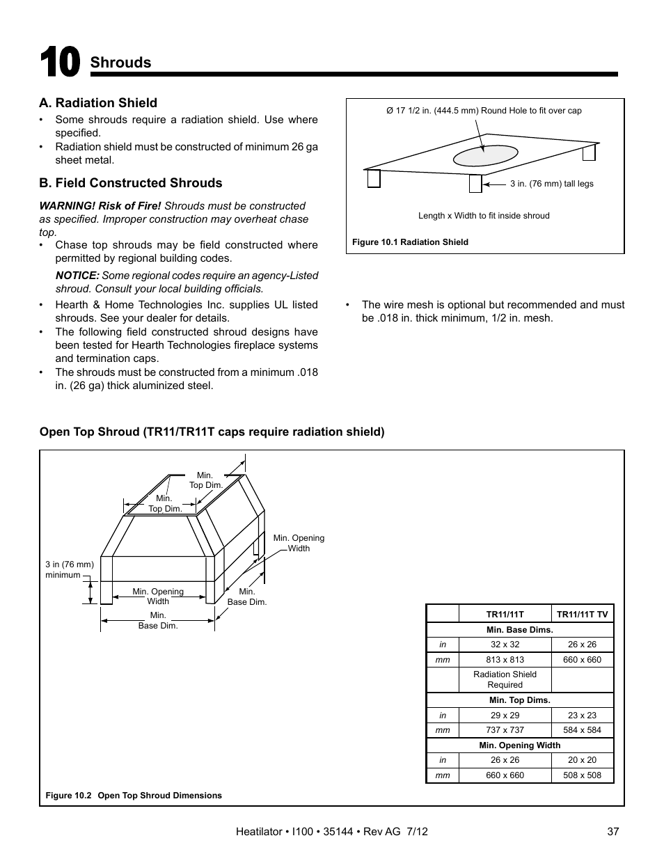 Shrouds, A. radiation shield, B. field constructed shrouds | Hearth and Home Technologies I100 User Manual | Page 37 / 52