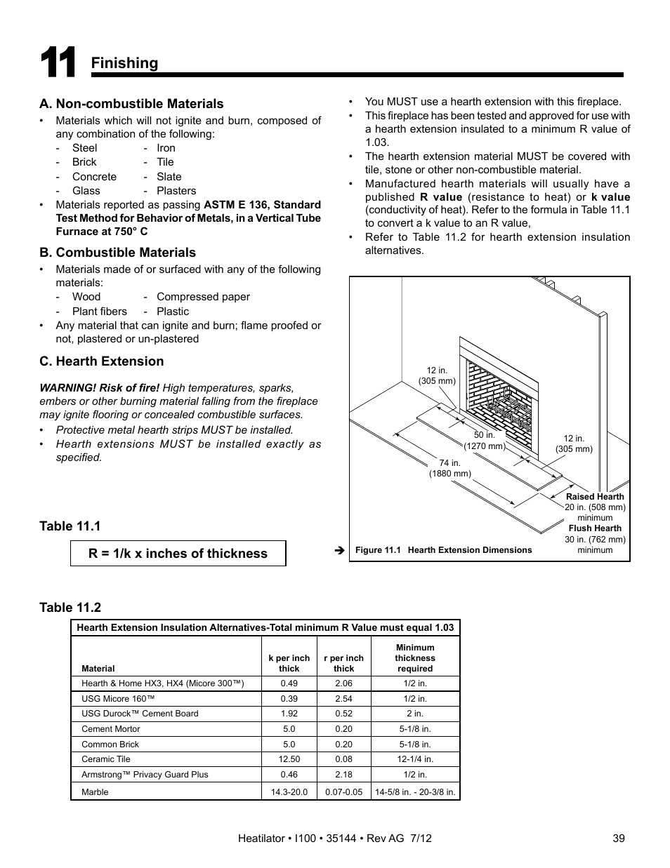 Finishing, A. non-combustible materials, B. combustible materials | Table 11.2 c. hearth extension, Table 11.1, R = 1/k x inches of thickness | Hearth and Home Technologies I100 User Manual | Page 39 / 52