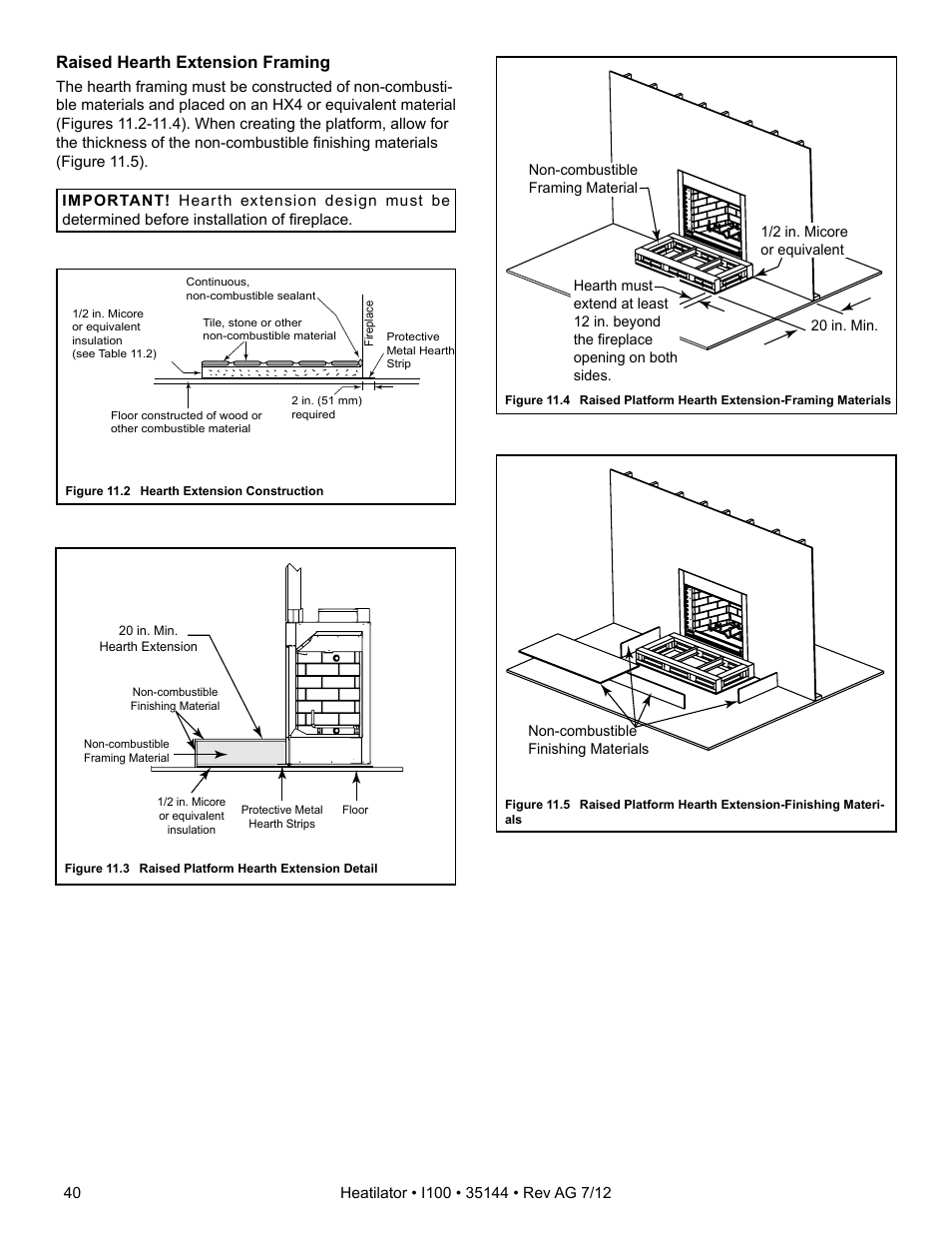 Raised hearth extension framing | Hearth and Home Technologies I100 User Manual | Page 40 / 52