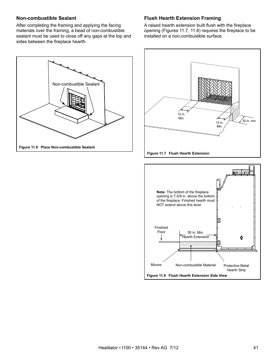 Non-combustible sealant, Flush hearth extension framing | Hearth and Home Technologies I100 User Manual | Page 41 / 52