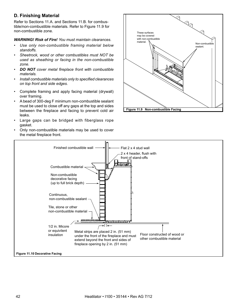 D. finishing material | Hearth and Home Technologies I100 User Manual | Page 42 / 52