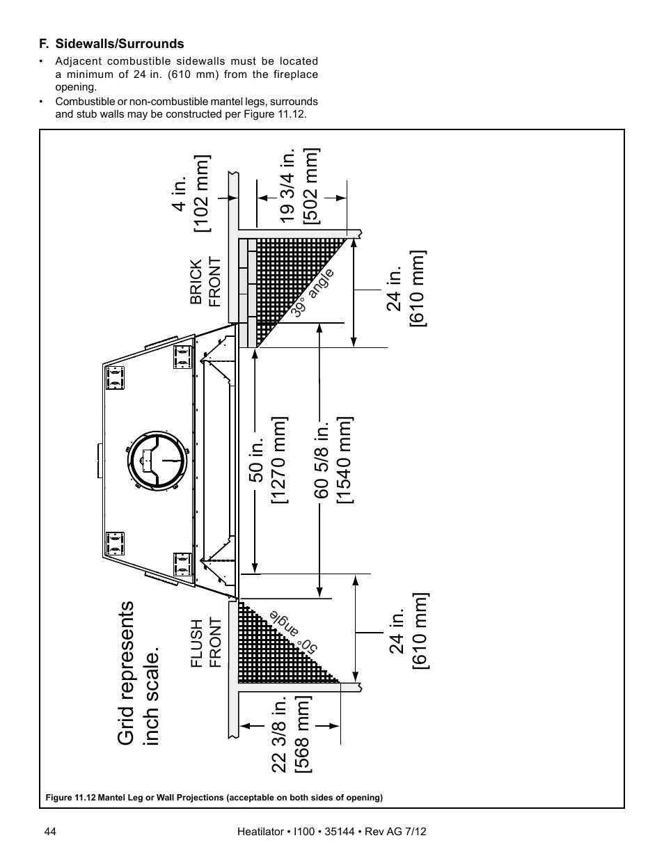Grid represents inch scale, 4 in. [102 mm | Hearth and Home Technologies I100 User Manual | Page 44 / 52