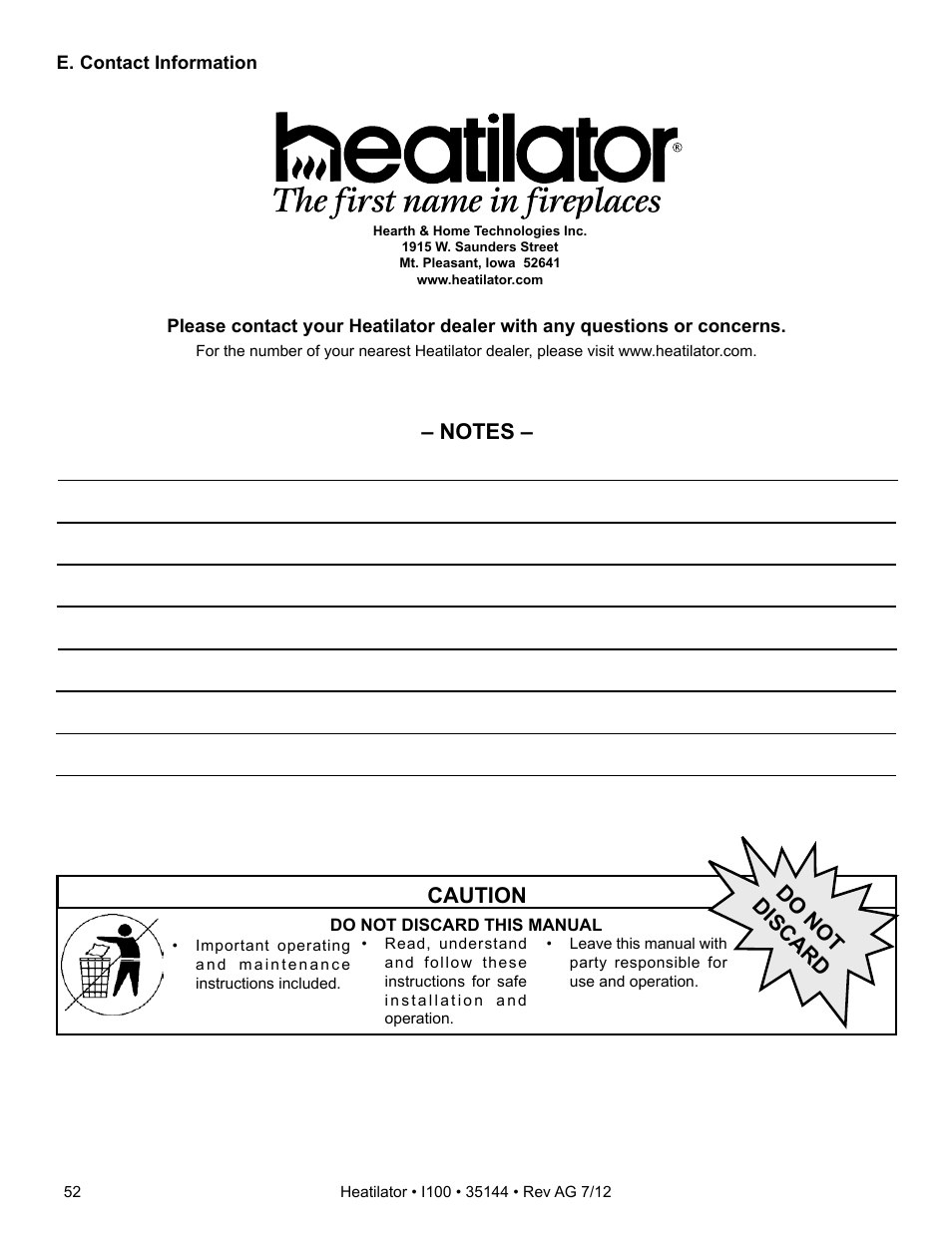 Caution, Do not discard | Hearth and Home Technologies I100 User Manual | Page 52 / 52