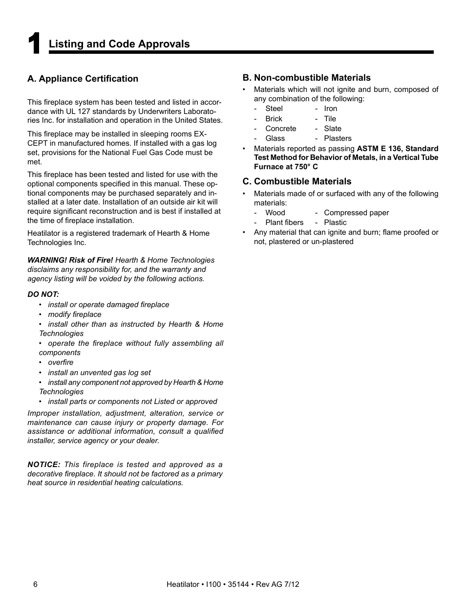 Listing and code approvals | Hearth and Home Technologies I100 User Manual | Page 6 / 52