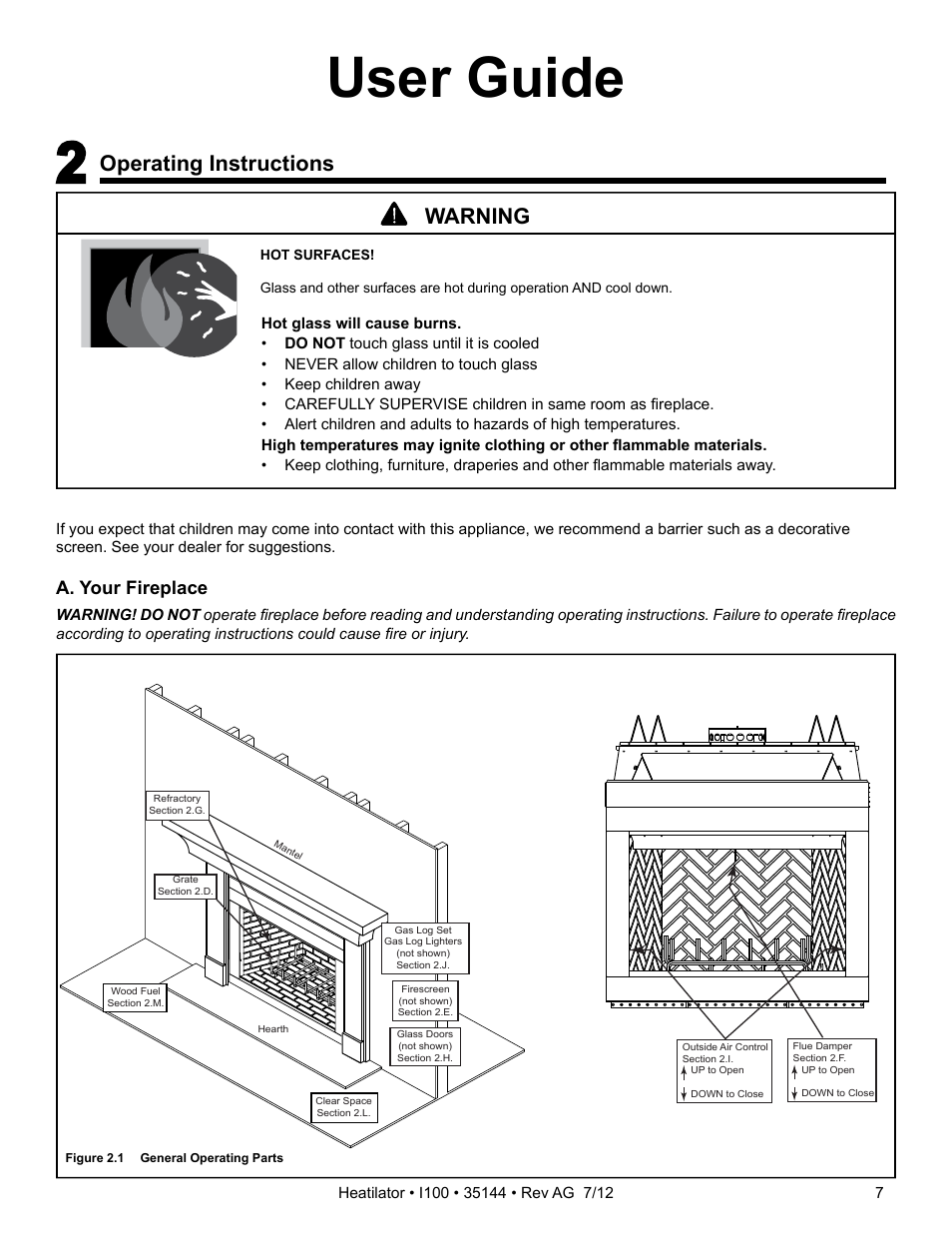 User guide, Operating instructions, Warning | A. your fireplace | Hearth and Home Technologies I100 User Manual | Page 7 / 52