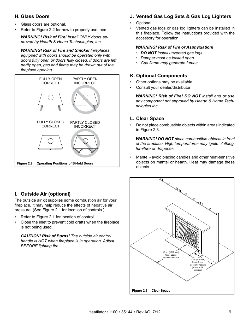 I. outside air (optional), H. glass doors, J. vented gas log sets & gas log lighters | K. optional components, L. clear space | Hearth and Home Technologies I100 User Manual | Page 9 / 52