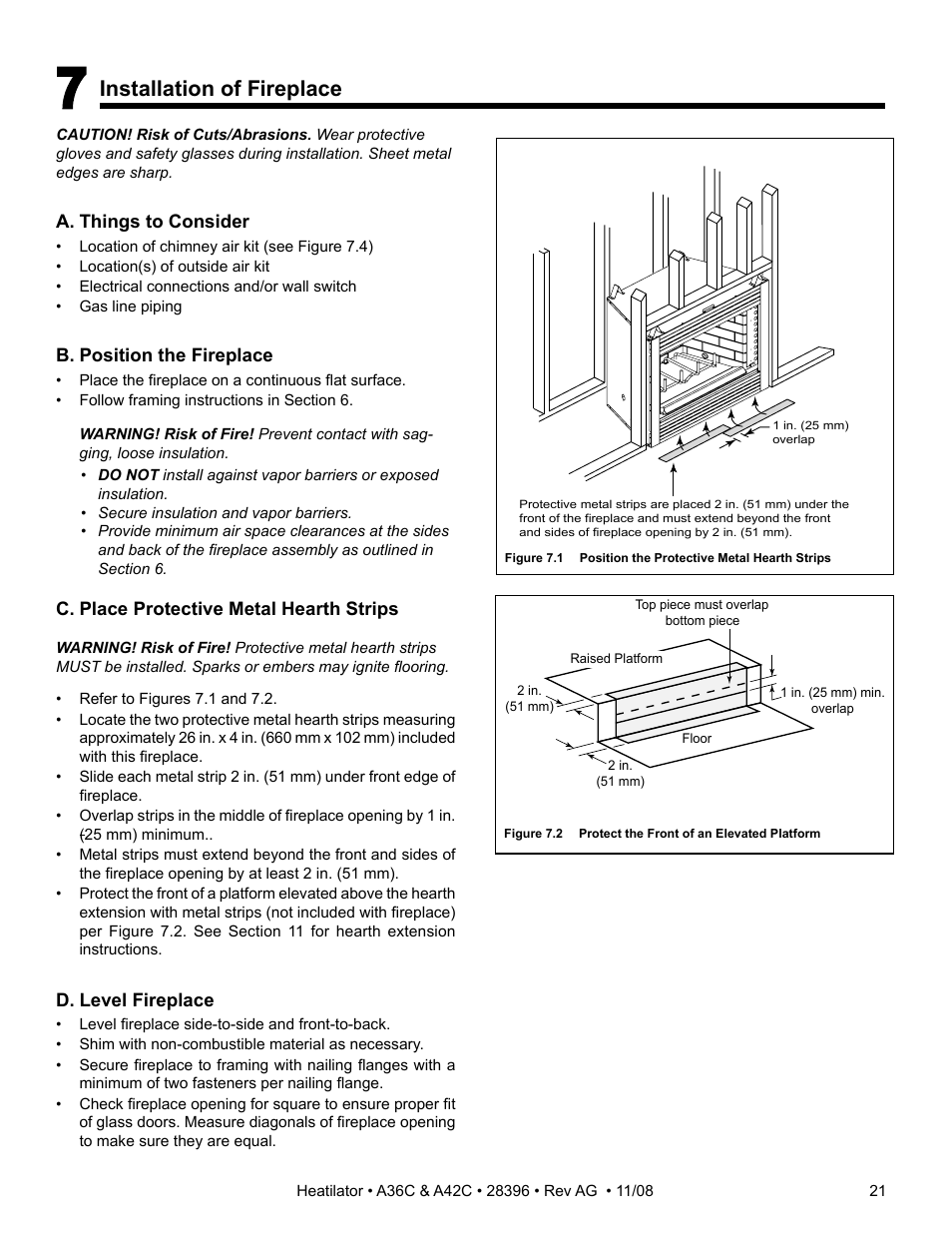 Installation of fireplace | Hearth and Home Technologies A42C User Manual | Page 21 / 48