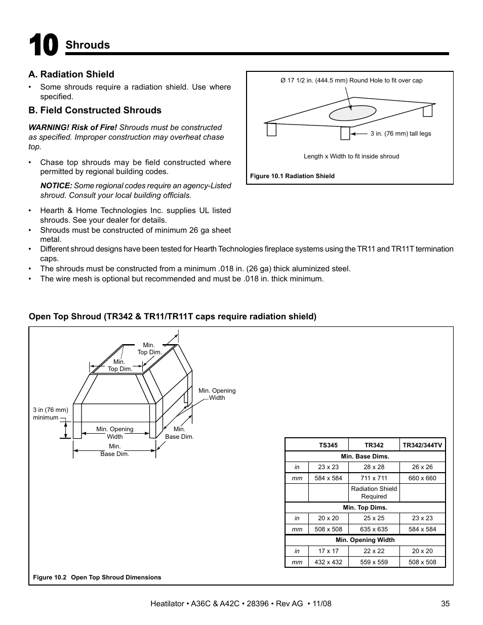 Shrouds, A. radiation shield, B. field constructed shrouds | Hearth and Home Technologies A42C User Manual | Page 35 / 48