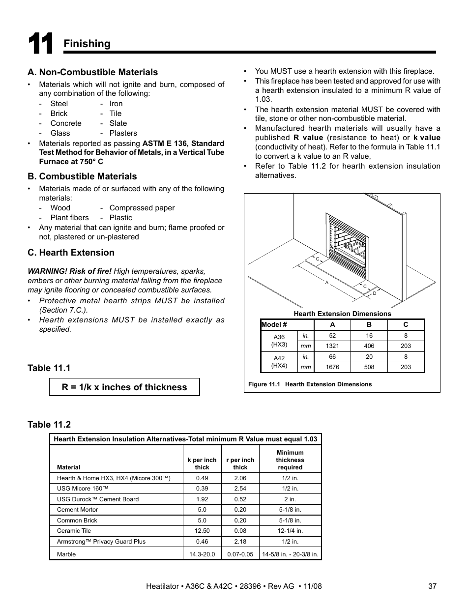 Finishing, A. non-combustible materials, B. combustible materials | Table 11.2 c. hearth extension, Table 11.1, R = 1/k x inches of thickness | Hearth and Home Technologies A42C User Manual | Page 37 / 48