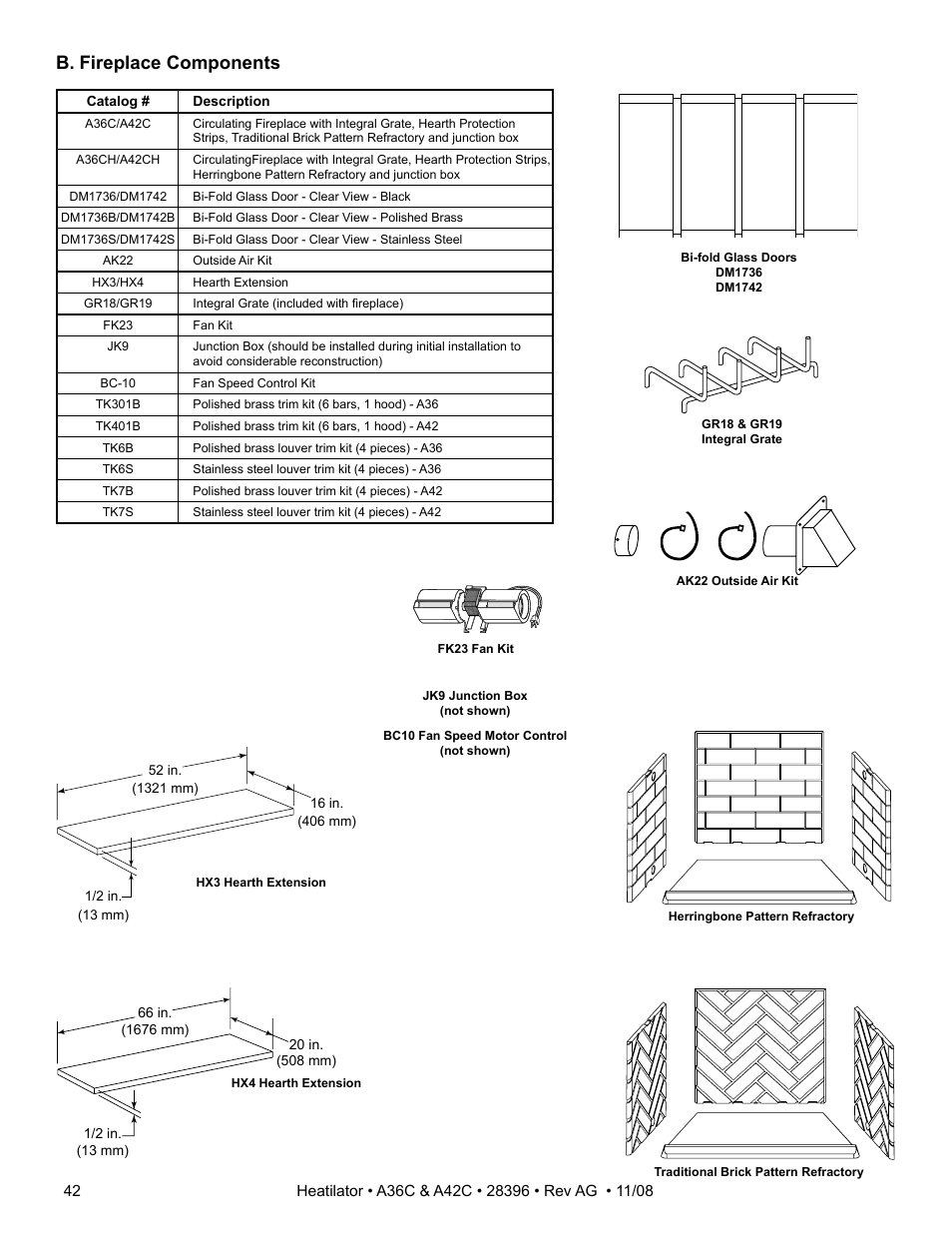 B. fireplace components | Hearth and Home Technologies A42C User Manual | Page 42 / 48