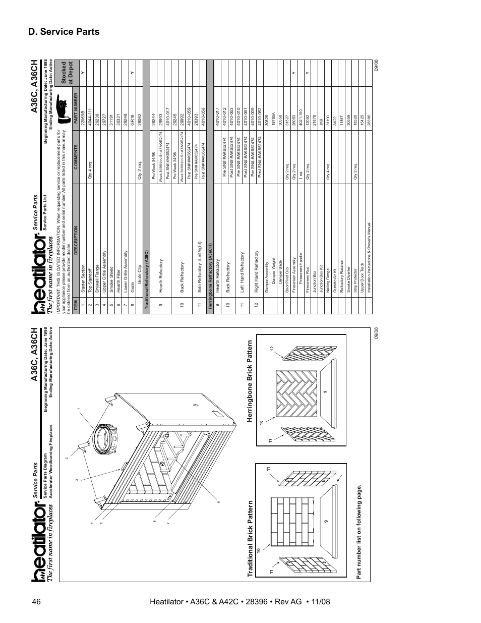 D. service parts, A36c, a36ch, Tr aditional brick pattern | Herringbone brick pattern | Hearth and Home Technologies A42C User Manual | Page 46 / 48