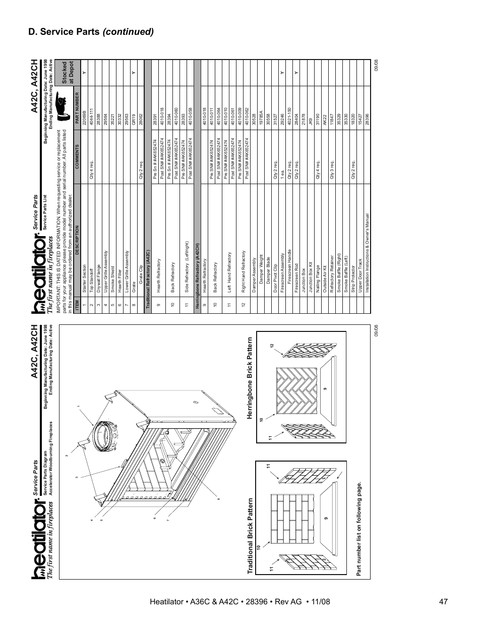D. service parts (continued), A42c, a42ch, Tr aditional brick pattern | Herringbone brick pattern | Hearth and Home Technologies A42C User Manual | Page 47 / 48