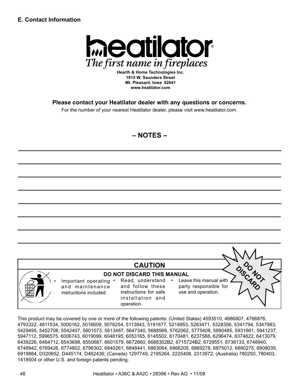 Caution, Do not discard | Hearth and Home Technologies A42C User Manual | Page 48 / 48
