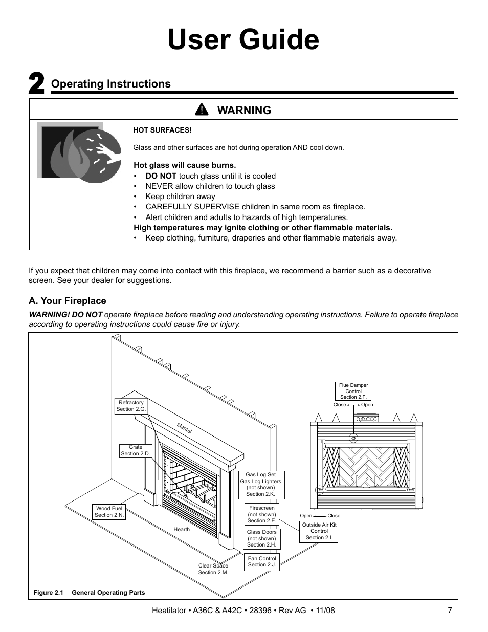 User guide, Operating instructions, Warning | A. your fireplace | Hearth and Home Technologies A42C User Manual | Page 7 / 48