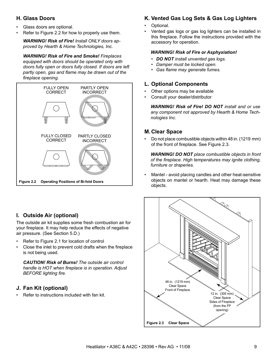 I. outside air (optional), J. fan kit (optional), H. glass doors | K. vented gas log sets & gas log lighters, L. optional components, M. clear space | Hearth and Home Technologies A42C User Manual | Page 9 / 48