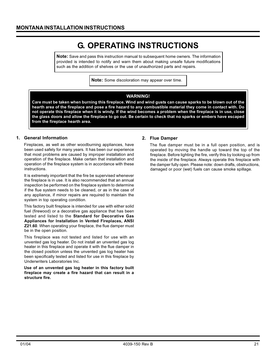 G. operating instructions, Montana installation instructions | Hearth and Home Technologies Montana-36 User Manual | Page 21 / 28