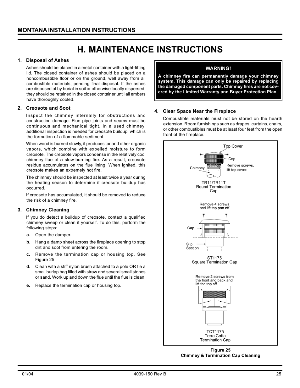 H. maintenance instructions, Montana installation instructions | Hearth and Home Technologies Montana-36 User Manual | Page 25 / 28