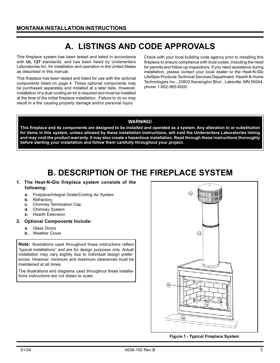 B. description of the fireplace system, A. listings and code approvals | Hearth and Home Technologies Montana-36 User Manual | Page 3 / 28