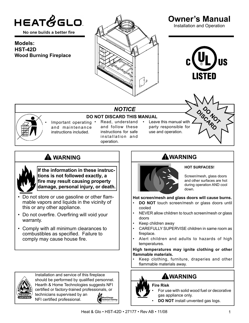 Hearth and Home Technologies Wood Burning Fireplace HST-42D User Manual | 48 pages