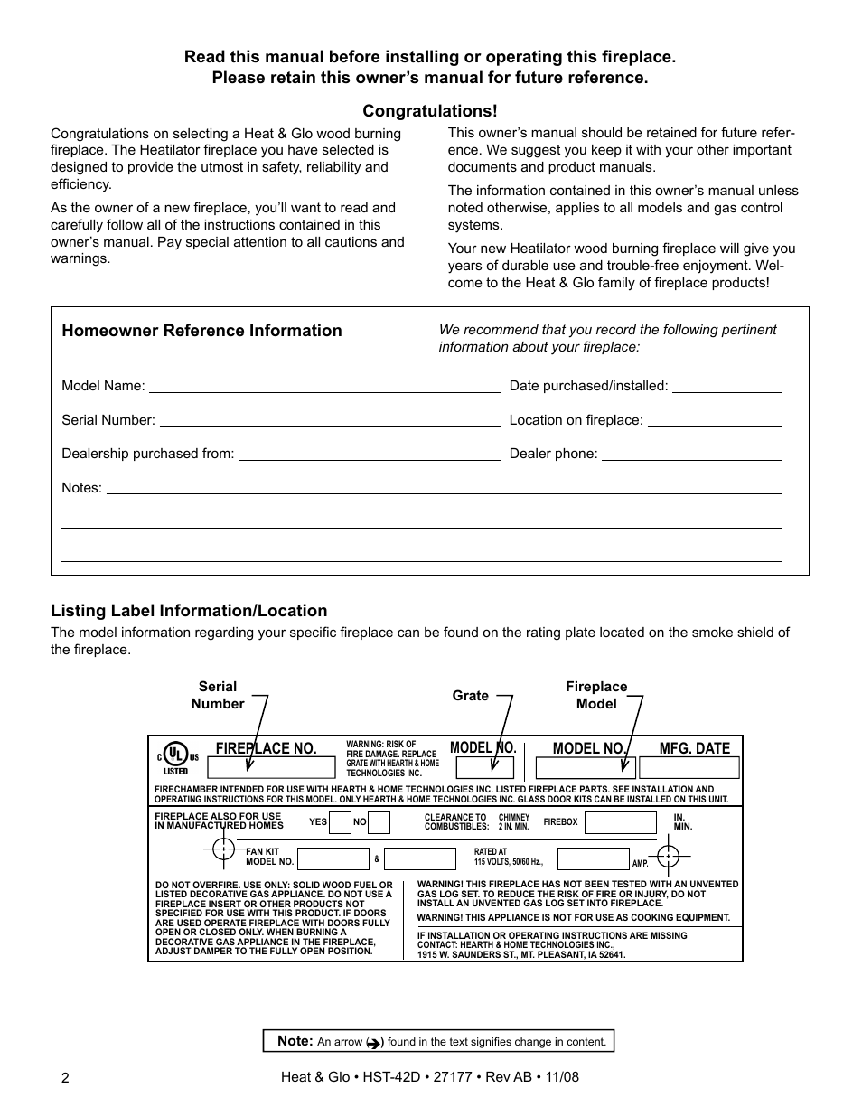 Listing label information/location, Fireplace no. model no. model no. mfg. date | Hearth and Home Technologies Wood Burning Fireplace HST-42D User Manual | Page 2 / 48