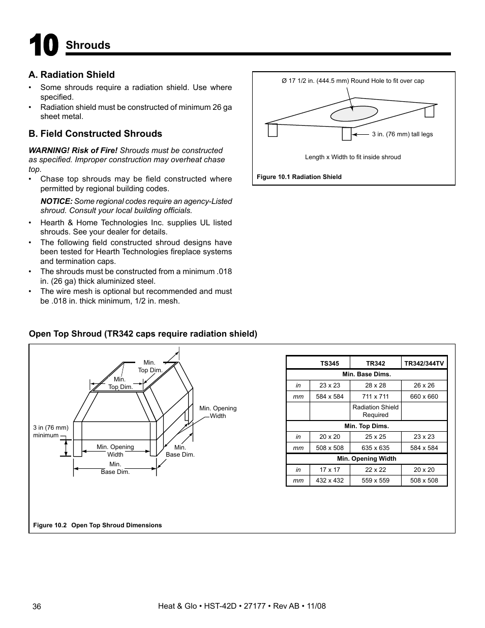Shrouds, A. radiation shield, B. field constructed shrouds | Hearth and Home Technologies Wood Burning Fireplace HST-42D User Manual | Page 36 / 48